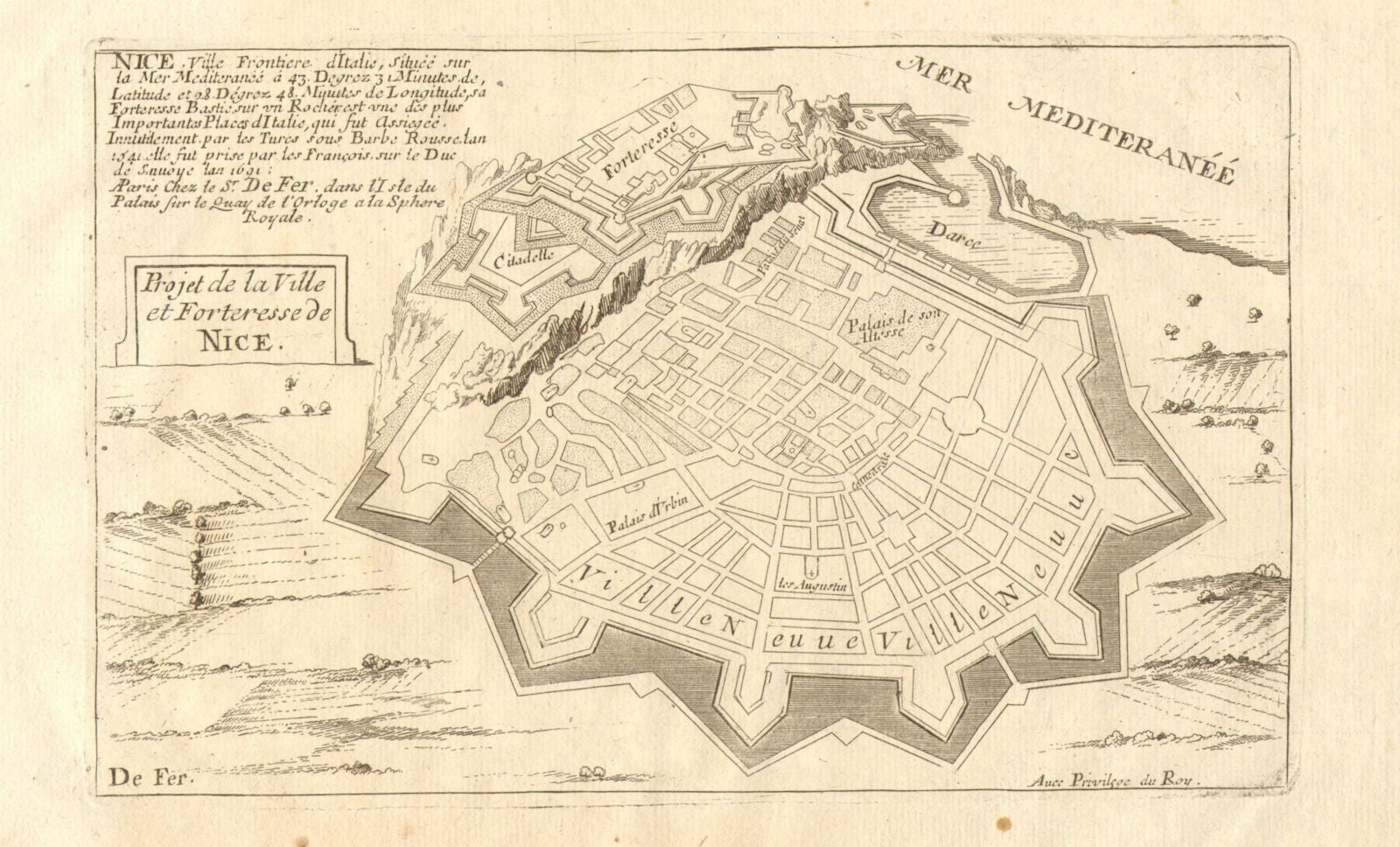 'Ville et forteresse de Nice', Alpes-Maritimes. Planned defences.DE FER 1705 map